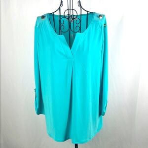 Liz McCoy blue/Green Woman’s Blouse XL With Gold Buttons 3/4 Sleeve‎